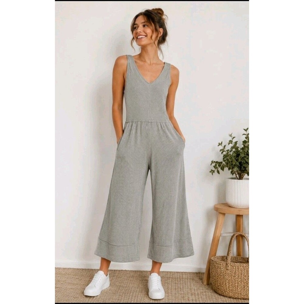 Lazy Sundays Nwt Rib Knit Jumpsuit Med Sleeveless Wideleg Comfort One Piece
